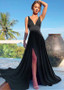 Spandex V-neck Black A-line Evening Dress With Slit
