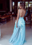 Applique Illusion Pale Blue Tulle Lace A-Line Prom Dress