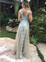 Backless Tulle Blue Applique A-Line Sleeveless Prom Dress