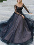 Off Shoulder Lace Up Back Black Lace Long Sleeve Prom Dress