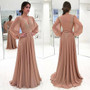 Applique A-Line Pink Chiffon Long Sleeve Prom Dress