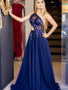  Applique Backless One Shoulder Dark Royal Blue Chiffon Prom Dress