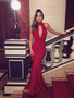 Red Jersey High Neck Halter Mermaid Backless Prom Dress