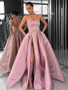 Sexy Slit Dusty Pink Satin Strapless Pockets Ball Gown Prom Dress