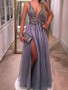 Sequin Beading Tulle Lavender Silt Sleeveless A-Line Prom Dress