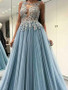 Backless Light Blue Tulle Applique Open Back Prom Dress