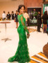 Green Trumpet Mermaid Long Sleeves Applique High Neck Satin Prom Dress