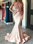 Trumpet Mermaid Satin Pink Halter Applique Prom Dress