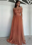 Beading Appliques Tulle Off-the-shoulder Coral A-line Evening Dress