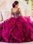  Beading Asymmetry Fuchsia Ball Gown V-Neck Tulle Quinceanera Dress 