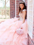 Pink Tulle Ball Gown Off-the-Shoulder Quinceanera Dress with Beading