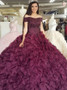 Burgundy Organza Ball Gown Off-the-Shoulder Quinceanera Dress with Beading
