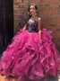 Fuchsia Organza Ball Gown Sweetheart Floor Length Quinceanera Dress with Beading