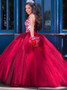 Ball Gown Appliques Beading Straps Red Tulle Quinceanera Dress