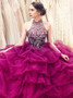 Ball Gown Jewel Fuchsia Beading Tiered Tulle Quinceanera Dress 