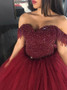 Ball Gown Off-the-Shoulder  Beading Burgundy Tulle Quinceanera Dress 