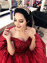 Ball Gown Off-the-Shoulder Appliques Dark Red Satin Quinceanera Dress