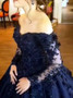 Ball Gown Off Shoulder Beading Appliques Dark Blue Satin Quinceanera Dress