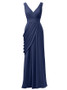 Blue Ruffle V Neck Chiffon Long Zipper Bridesmaid Dress