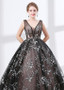  Organza V-neck Black Ball Gown Evening Dress With Lace Appliques