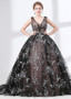  Organza V-neck Black Ball Gown Evening Dress With Lace Appliques