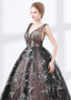  Organza V-neck Black Ball Gown Evening Dress With Lace Appliques