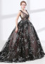  Organza V-neck Black Ball Gown Evening Dress With Lace Appliques