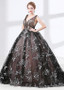 Organza V-neck Black Ball Gown Evening Dress With Lace Appliques