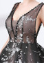  Organza V-neck Black Ball Gown Evening Dress With Lace Appliques