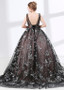  Organza V-neck Black Ball Gown Evening Dress With Lace Appliques
