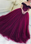Tulle Off-the-shoulder Purple Ball Gown Evening Dress With Handmade Flowers