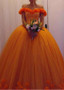 Orange Off-the-shoulder  Ball Gown Quinceanera Dress With Handmade Flowers