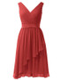Red  Short Chiffon A-Line V-Neck Cocktail Bridesmaid Dress 