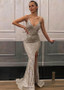 Sequin Lace Spaghetti Straps Silver Mermaid Evening Dresses