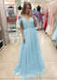 Beading Blue Lace Spaghetti Straps  Floor-length A-line Prom Dress