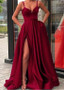 Satin Spaghetti Straps Long Burgundy A-line Evening Dresses With Pockets