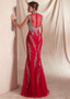 Lace High Collar Cap Sleeves Red Mermaid Evening Dress With Beadings