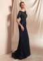 Black Lace Bateau Half Sleeve Mermaid Prom Dresses With Beadings