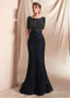 Black Lace Bateau Half Sleeve Mermaid Prom Dresses With Beadings