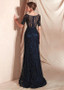 Black Lace Bateau Half Sleeve Mermaid Prom Dresses With Beadings