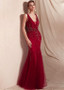 Tulle V-neck Red Mermaid Evening Dresses With Beadings