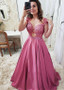  Beaded Lace Appliques Satin Jewel Pink A-line Prom Dress