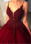Burgundy Beaded Lace Appliques Tulle Spaghetti Straps N A-line Evening Dress