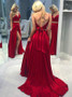 Red Satin Spaghetti Straps Backless Two Piece Long Prom Dress