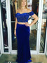 Beading Off The Shoulder Royal Blue Two Piece Velvet Beading Prom Dresses 