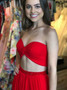Red Two Piece Chiffon Sexy Slit Crop Top Prom Dress 