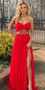 Red Two Piece Chiffon Sexy Slit Crop Top Prom Dress 