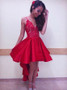 High Low Red Spaghetti Straps Asymmetric Satin Homecoming Dress 