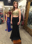 Two Piece Straps Appliques Black Sheath Long Prom Dress