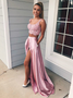 Straps Lace Top Split Long Blush Two Piece Prom Dress With Pockets